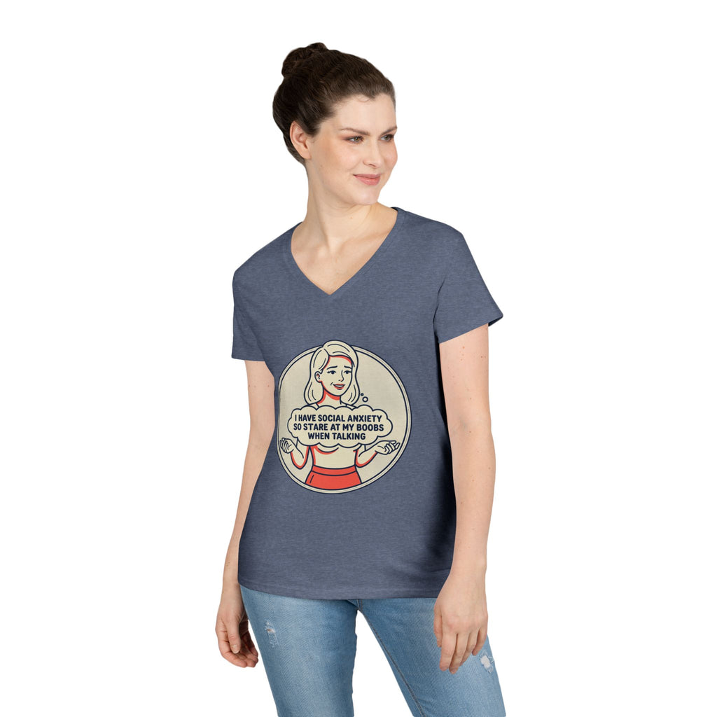 Ladies' V-Neck T-Shirt — Retro Graphic “I Have Social Anxiety So I Stare at My Shoes When Talking”