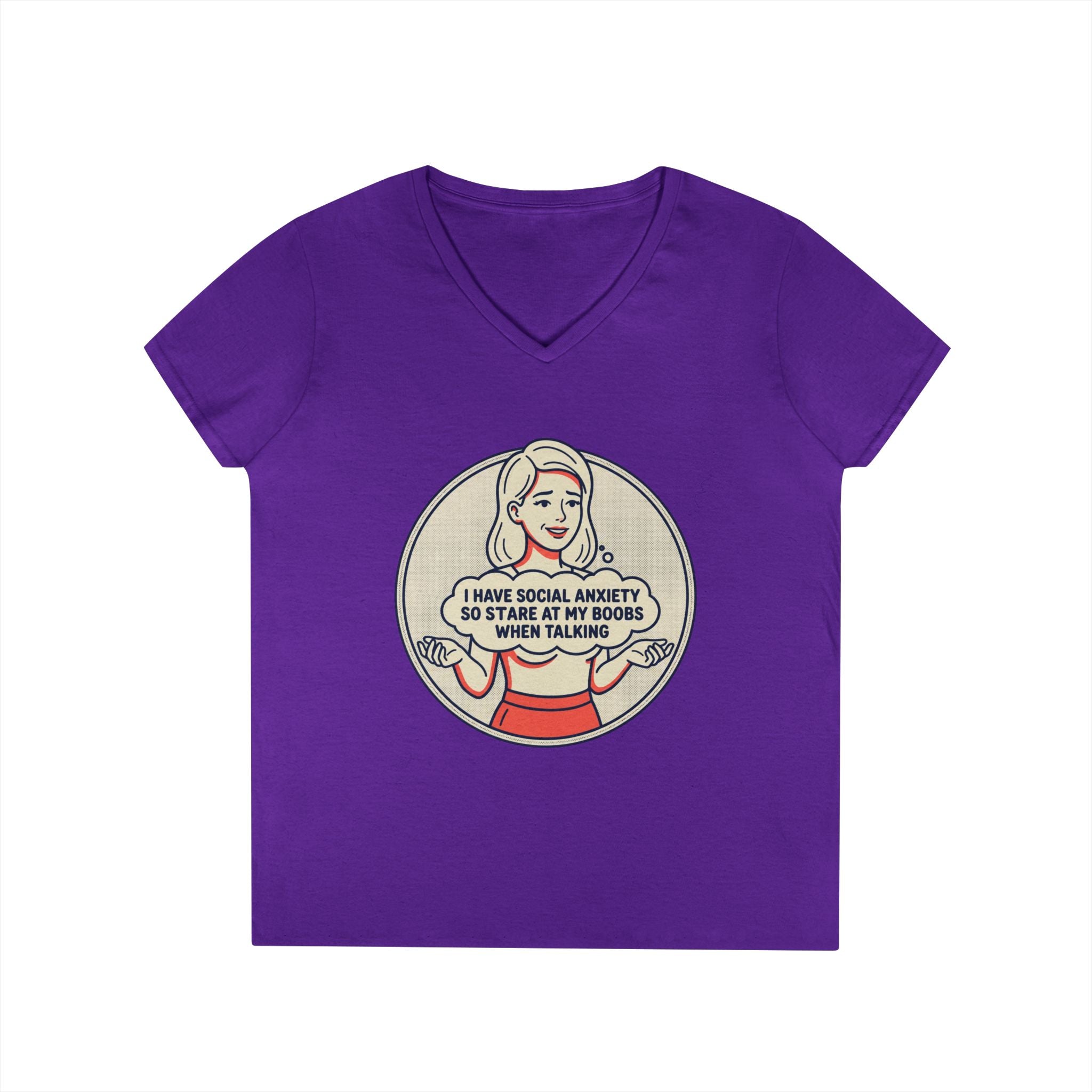 Ladies' V-Neck T-Shirt — Retro Graphic “I Have Social Anxiety So I Stare at My Shoes When Talking”
