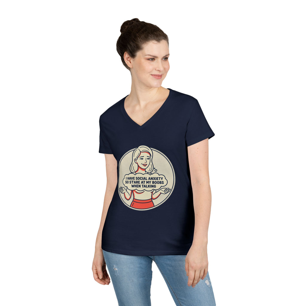 Ladies' V-Neck T-Shirt — Retro Graphic “I Have Social Anxiety So I Stare at My Shoes When Talking”