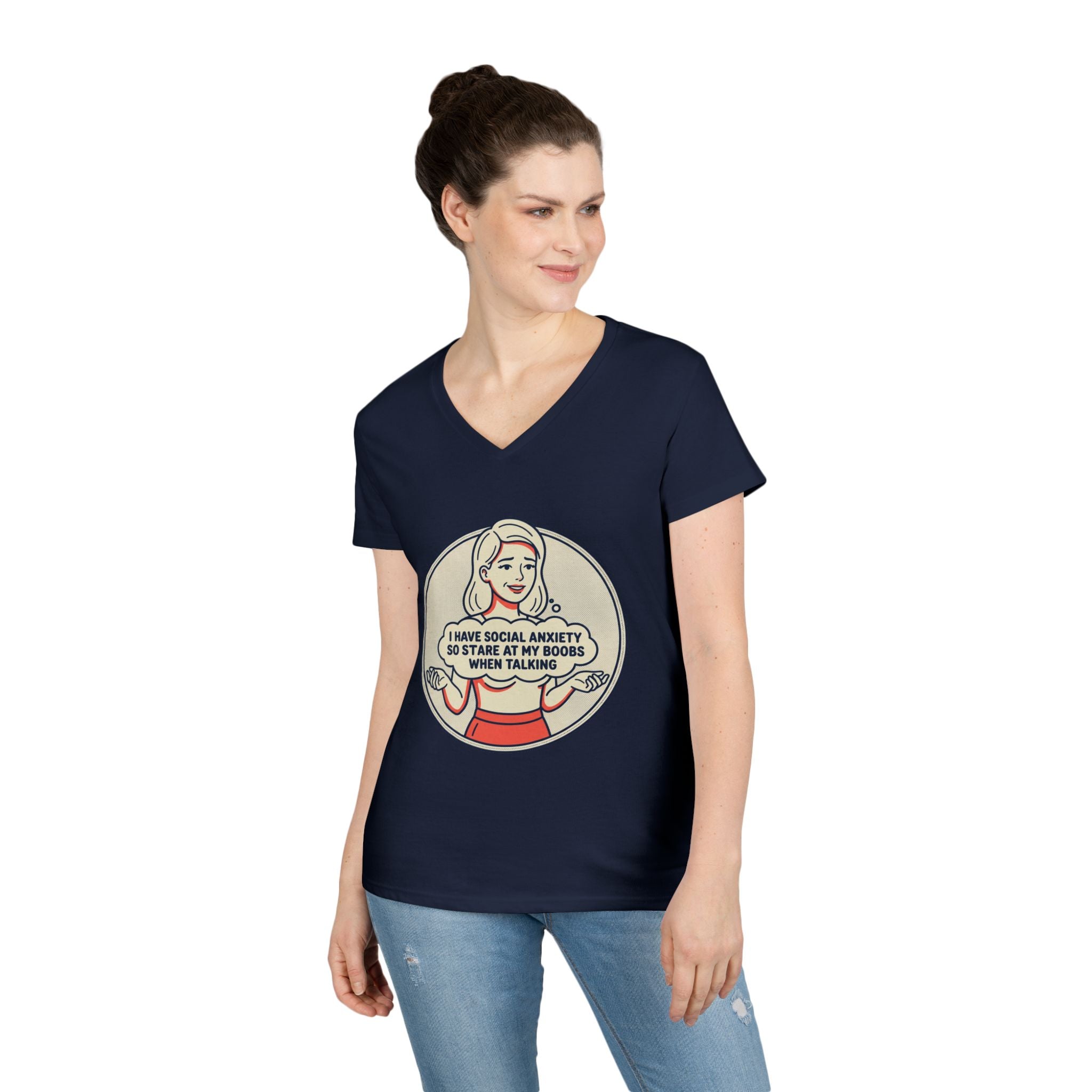 Ladies' V-Neck T-Shirt — Retro Graphic “I Have Social Anxiety So I Stare at My Shoes When Talking”