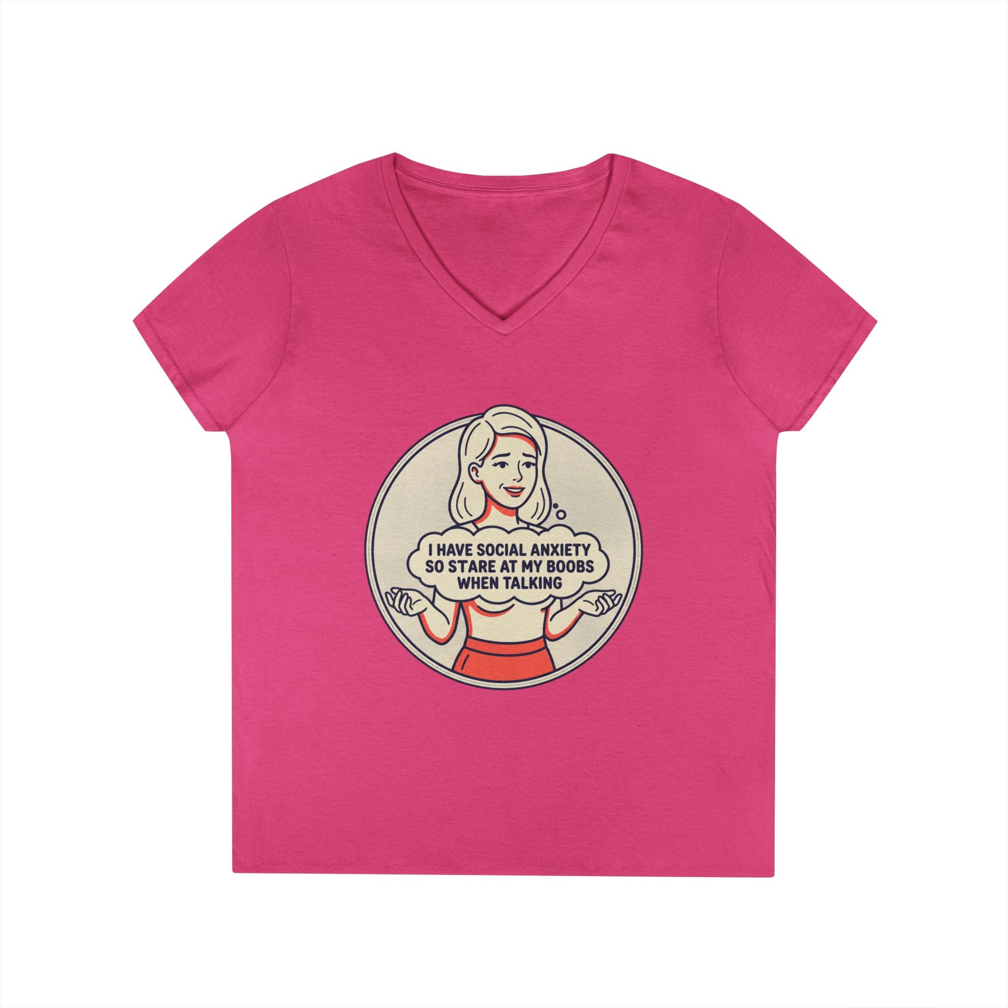 Ladies' V-Neck T-Shirt — Retro Graphic “I Have Social Anxiety So I Stare at My Shoes When Talking”