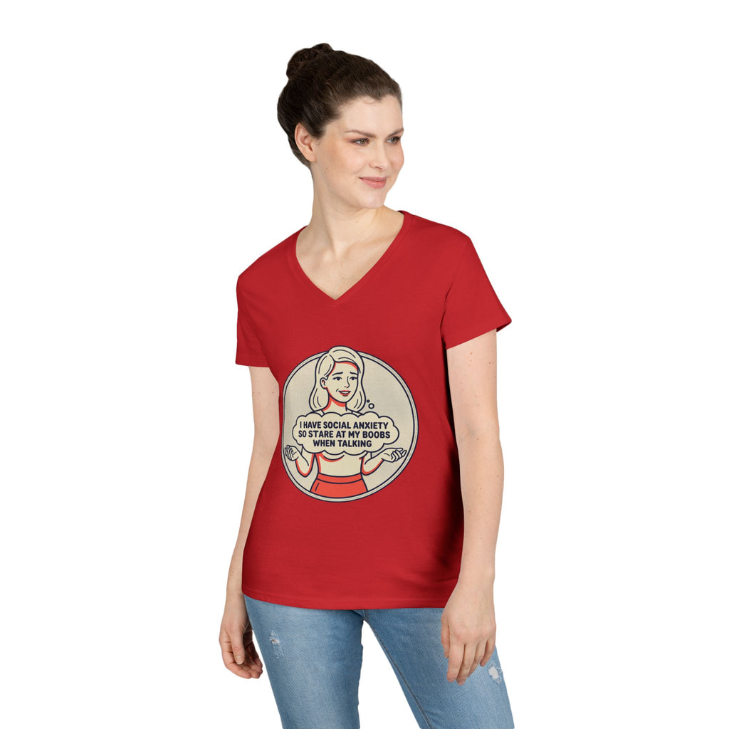 Ladies' V-Neck T-Shirt — Retro Graphic “I Have Social Anxiety So I Stare at My Shoes When Talking”