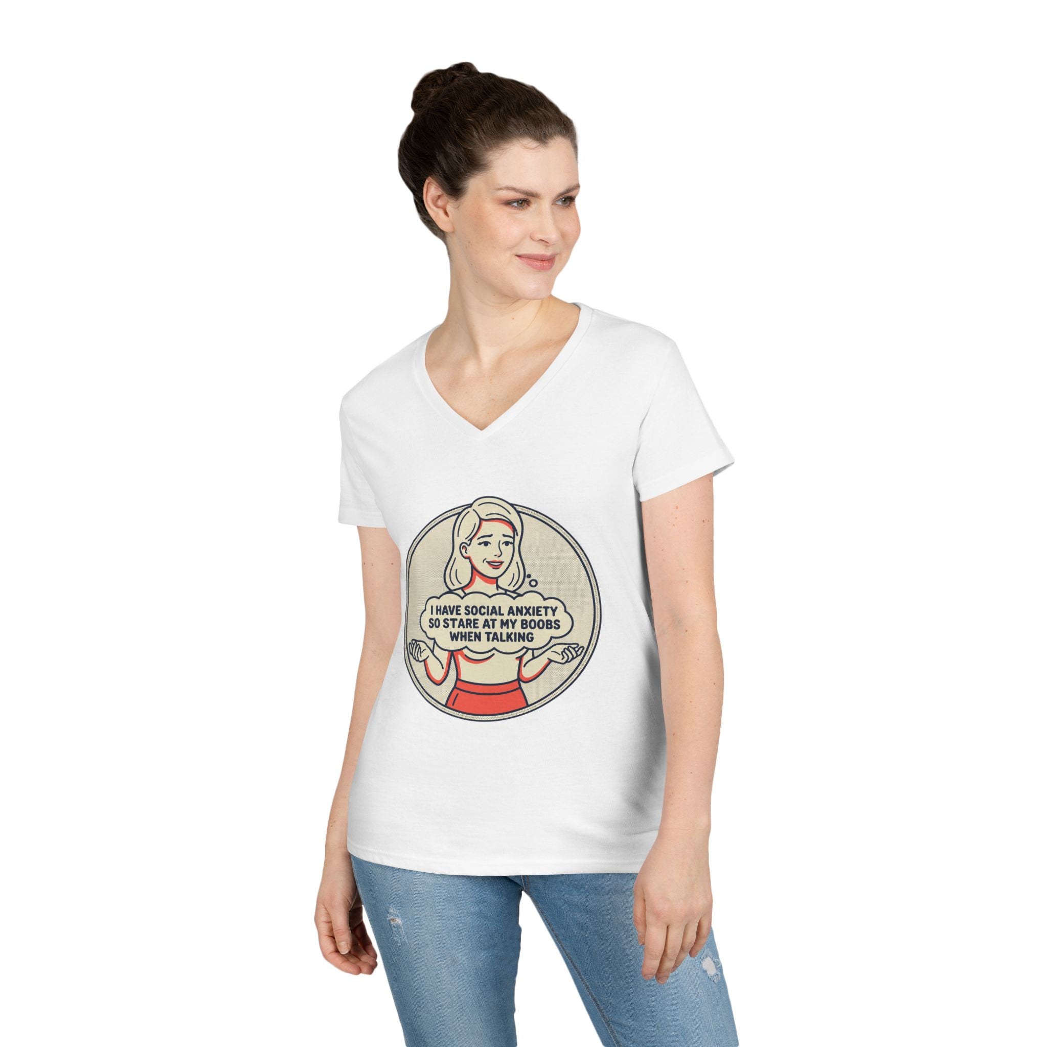 Ladies' V-Neck T-Shirt — Retro Graphic “I Have Social Anxiety So I Stare at My Shoes When Talking”