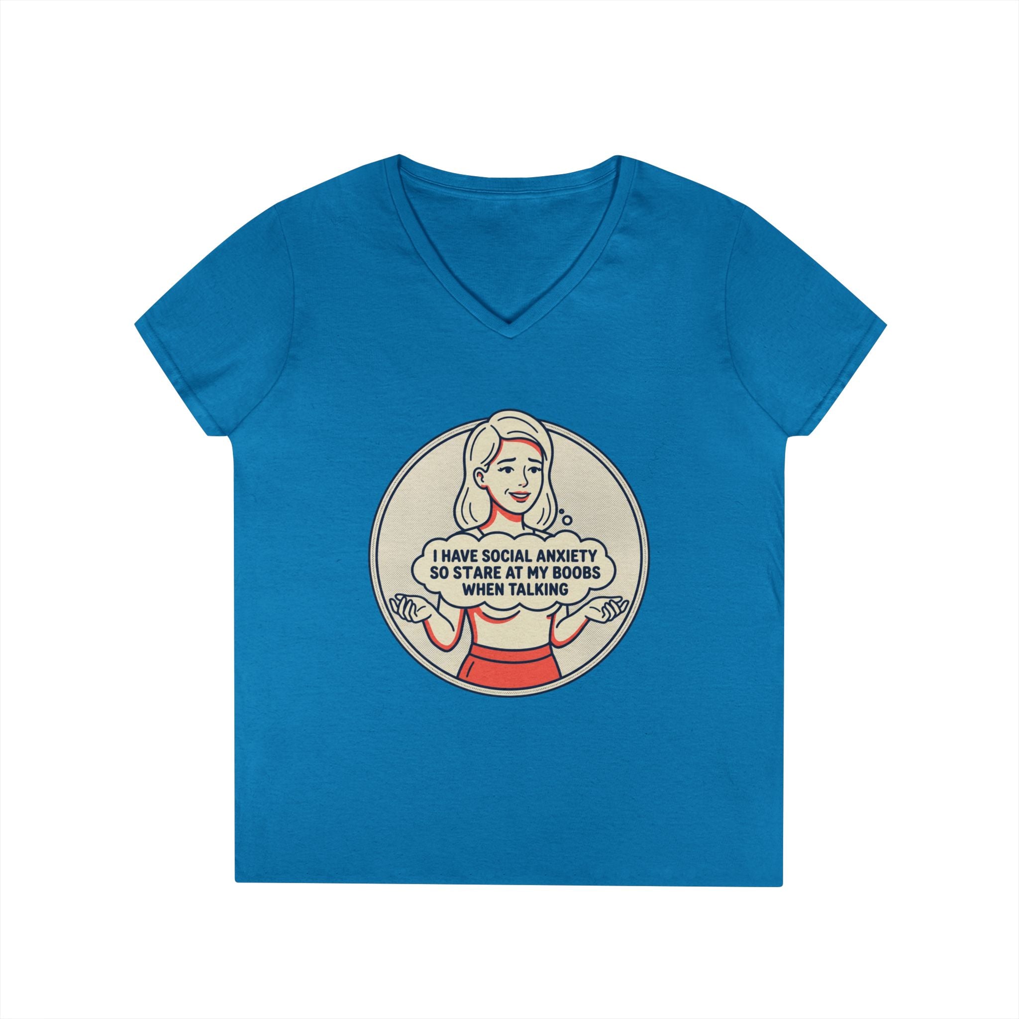 Ladies' V-Neck T-Shirt — Retro Graphic “I Have Social Anxiety So I Stare at My Shoes When Talking”