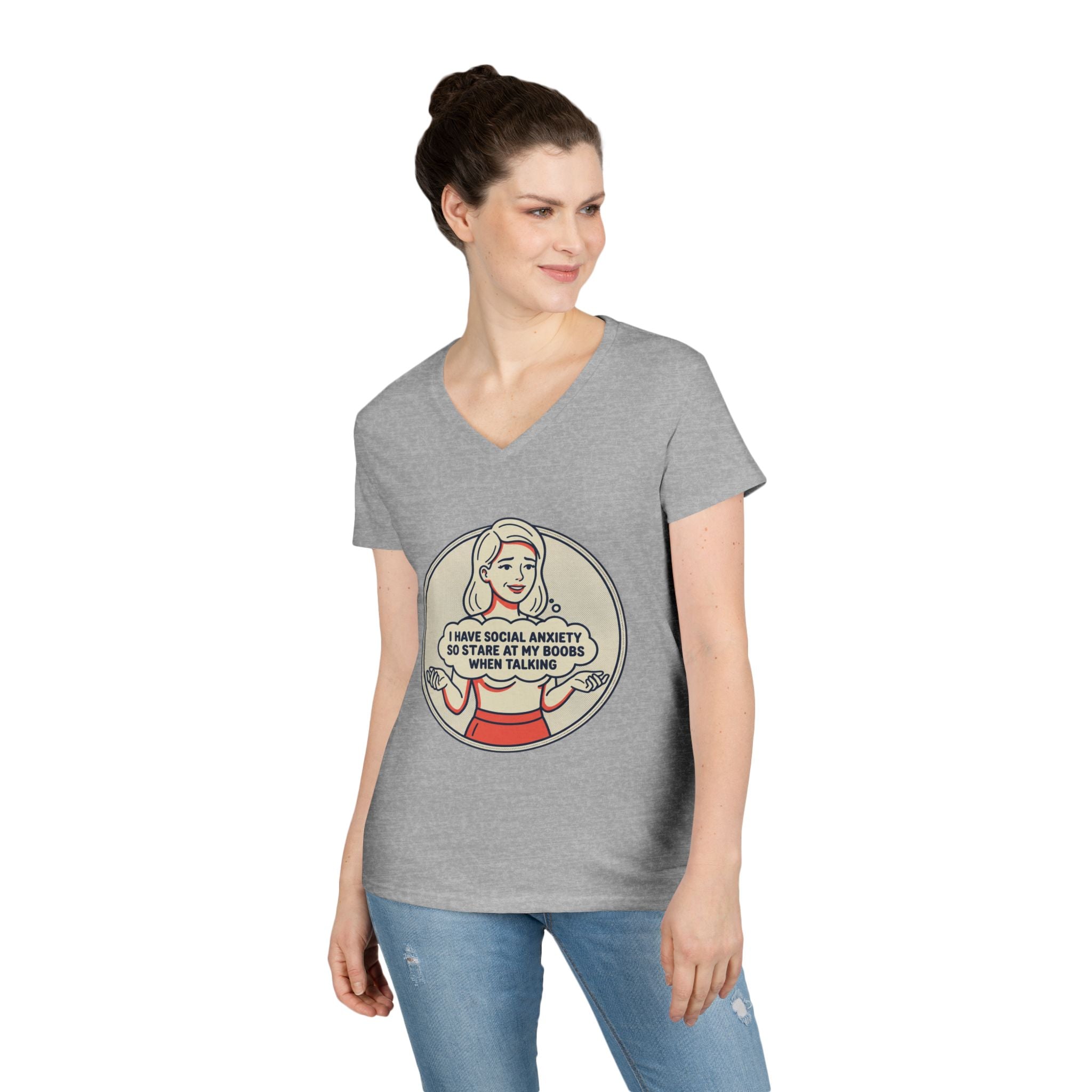 Ladies' V-Neck T-Shirt — Retro Graphic “I Have Social Anxiety So I Stare at My Shoes When Talking”