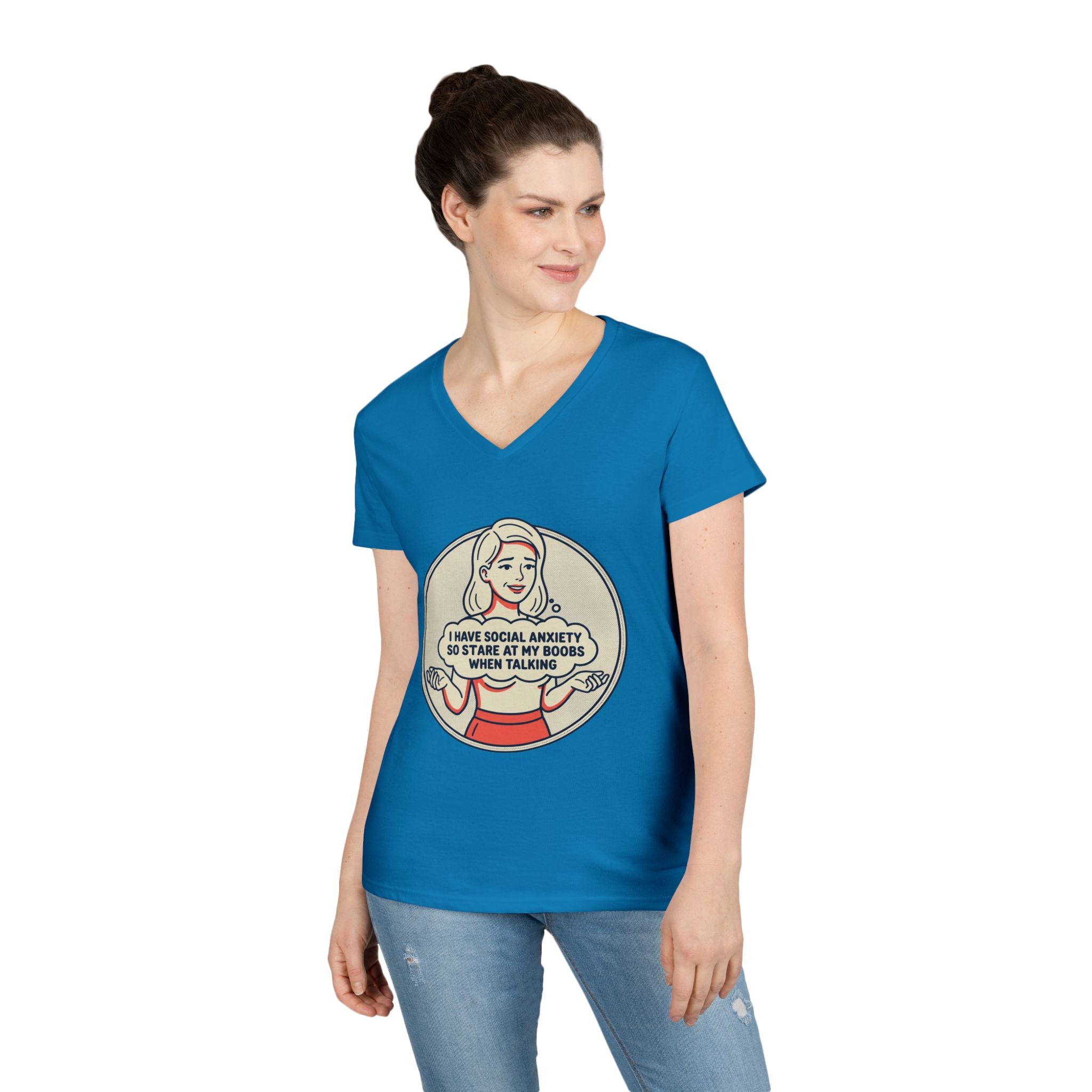 Ladies' V-Neck T-Shirt — Retro Graphic “I Have Social Anxiety So I Stare at My Shoes When Talking”