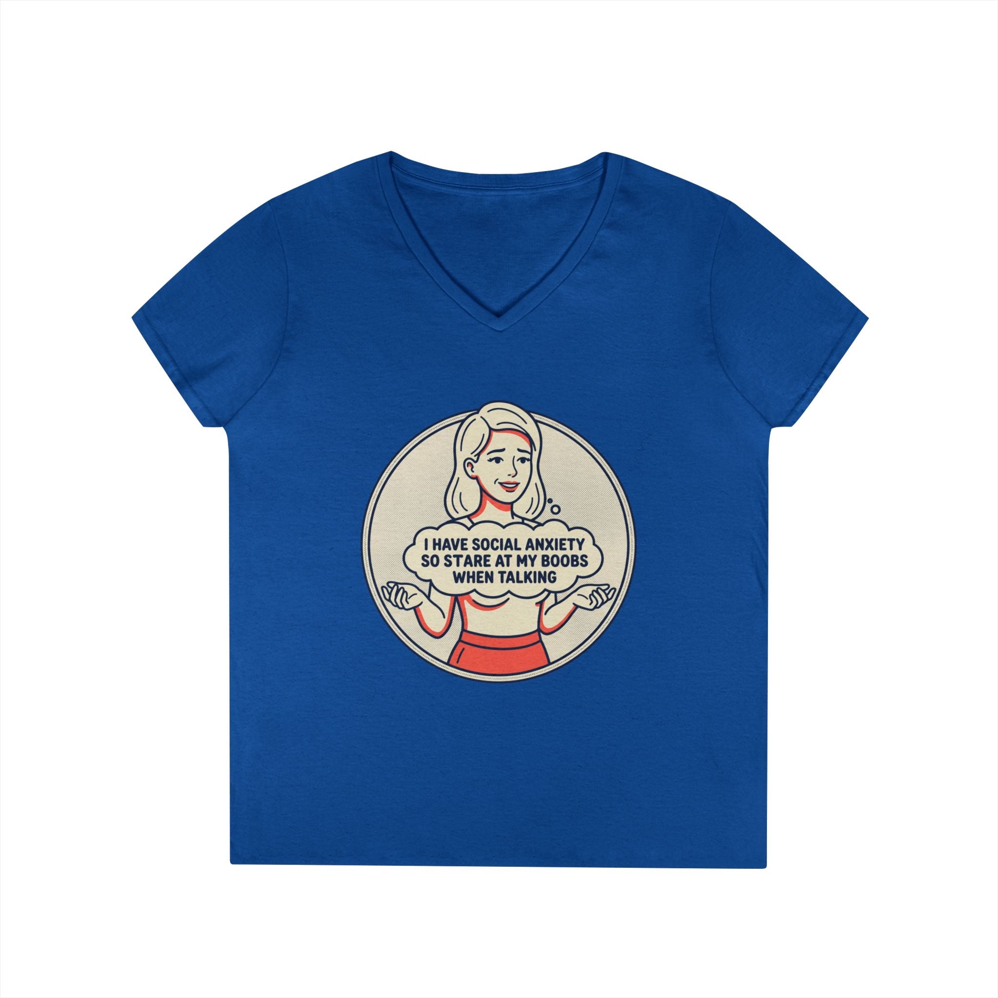 Ladies' V-Neck T-Shirt — Retro Graphic “I Have Social Anxiety So I Stare at My Shoes When Talking”