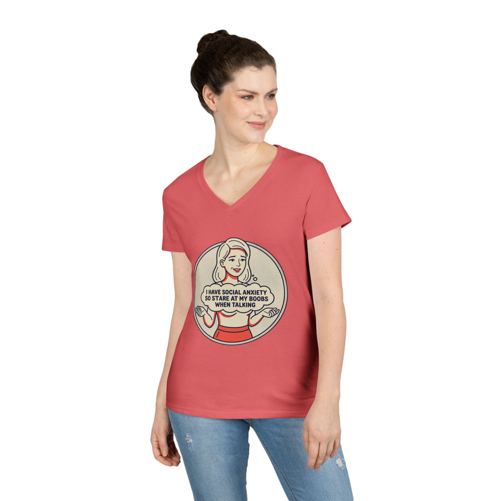 Ladies' V-Neck T-Shirt — Retro Graphic “I Have Social Anxiety So I Stare at My Shoes When Talking”