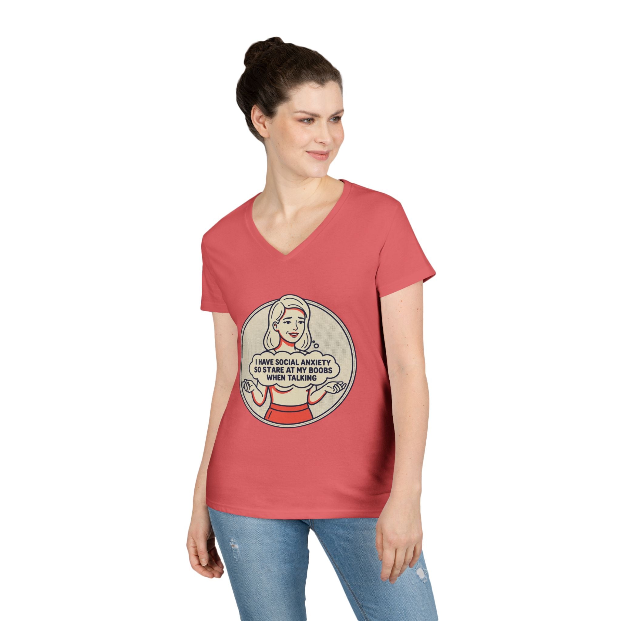Ladies' V-Neck T-Shirt — Retro Graphic “I Have Social Anxiety So I Stare at My Shoes When Talking”