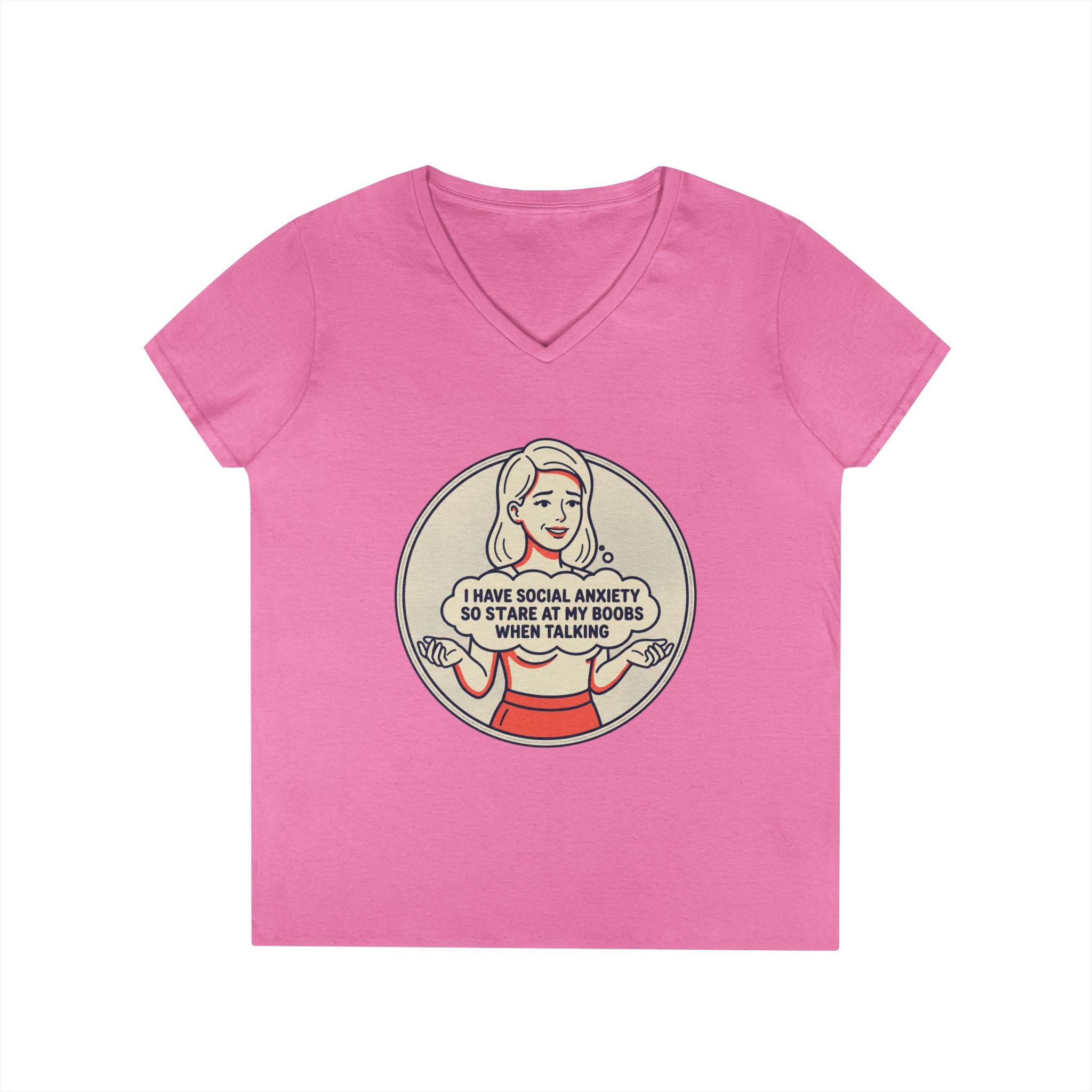 Ladies' V-Neck T-Shirt — Retro Graphic “I Have Social Anxiety So I Stare at My Shoes When Talking”