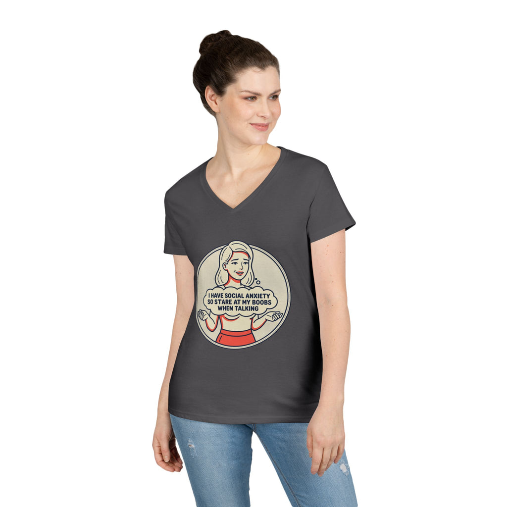 Ladies' V-Neck T-Shirt — Retro Graphic “I Have Social Anxiety So I Stare at My Shoes When Talking”