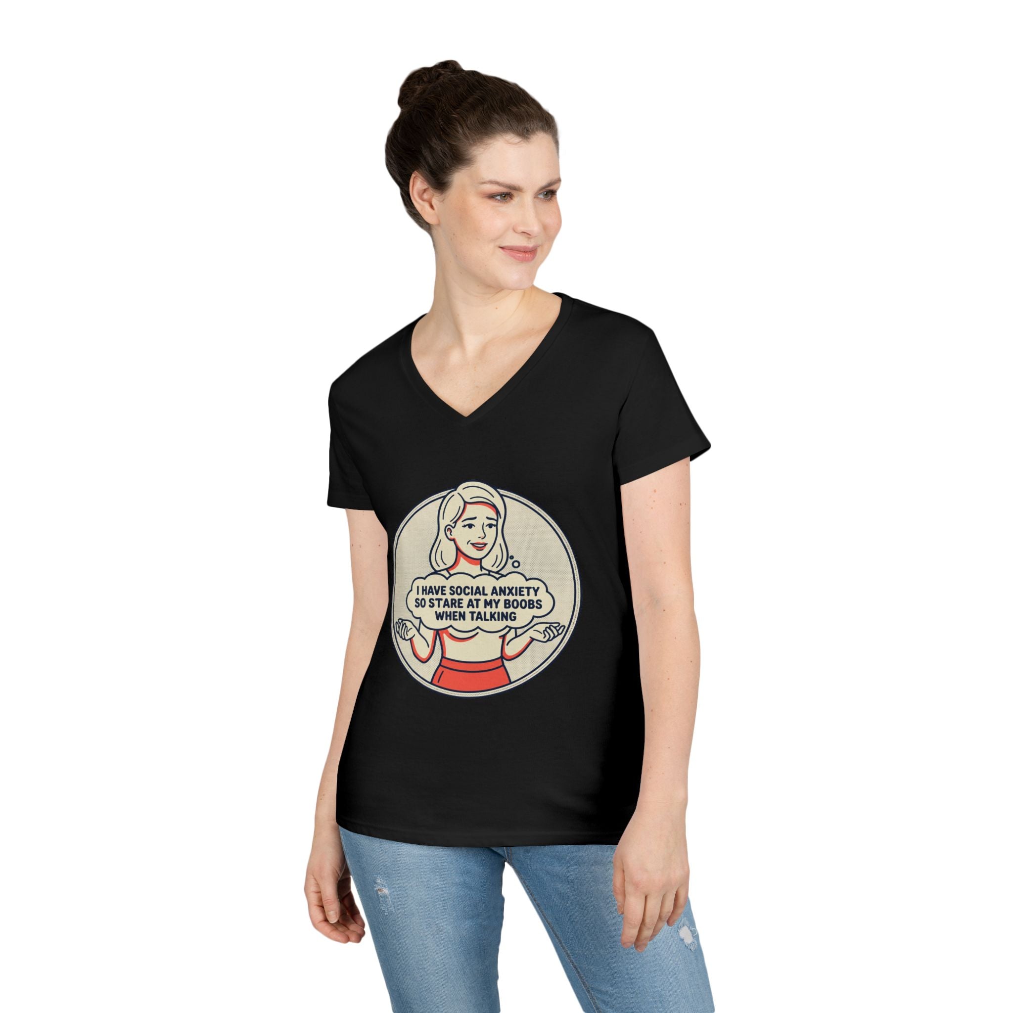Ladies' V-Neck T-Shirt — Retro Graphic “I Have Social Anxiety So I Stare at My Shoes When Talking”