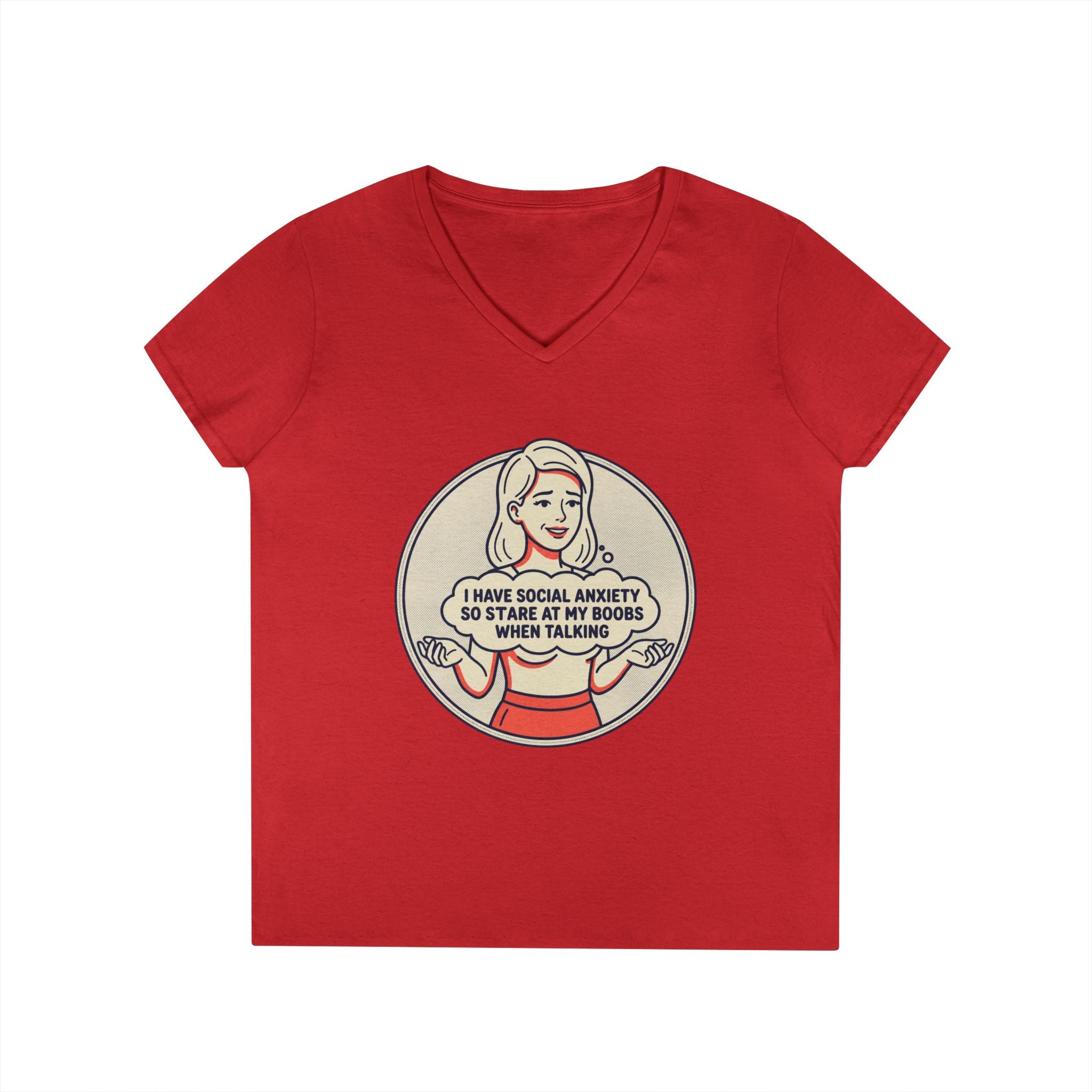 Ladies' V-Neck T-Shirt — Retro Graphic “I Have Social Anxiety So I Stare at My Shoes When Talking”