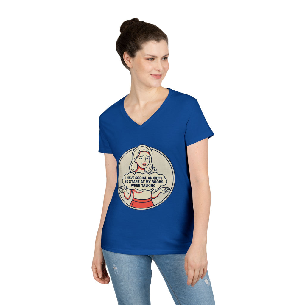 Ladies' V-Neck T-Shirt — Retro Graphic “I Have Social Anxiety So I Stare at My Shoes When Talking”