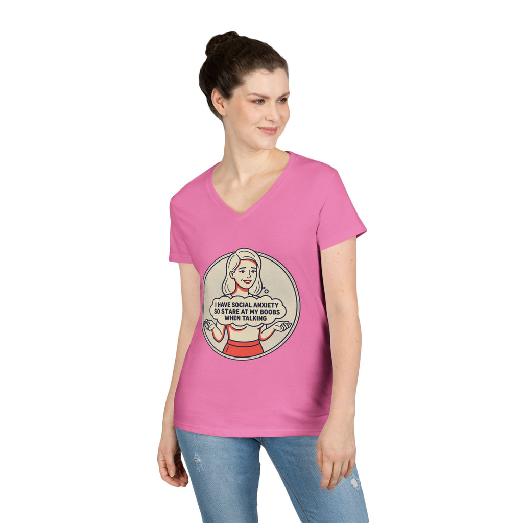 Ladies' V-Neck T-Shirt — Retro Graphic “I Have Social Anxiety So I Stare at My Shoes When Talking”