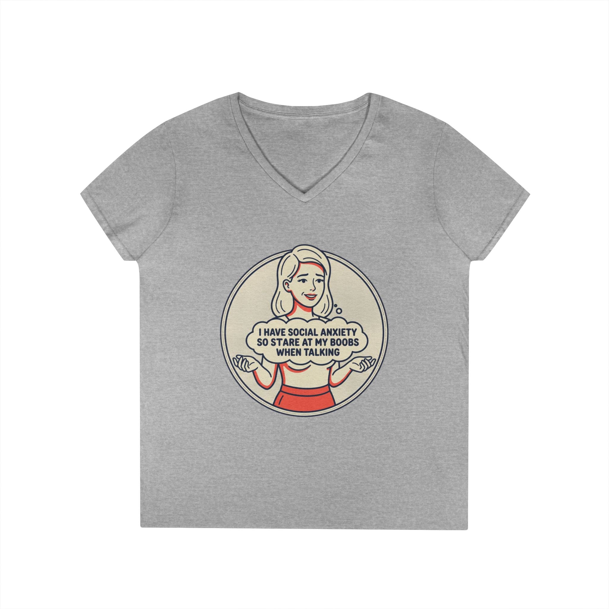 Ladies' V-Neck T-Shirt — Retro Graphic “I Have Social Anxiety So I Stare at My Shoes When Talking”