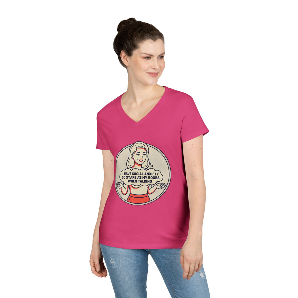 Ladies' V-Neck T-Shirt — Retro Graphic “I Have Social Anxiety So I Stare at My Shoes When Talking”
