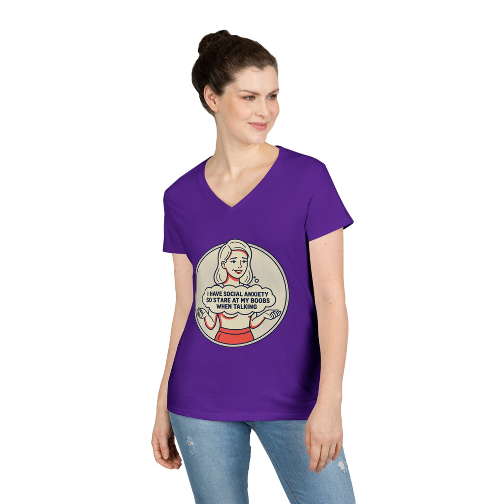 Ladies' V-Neck T-Shirt — Retro Graphic “I Have Social Anxiety So I Stare at My Shoes When Talking”