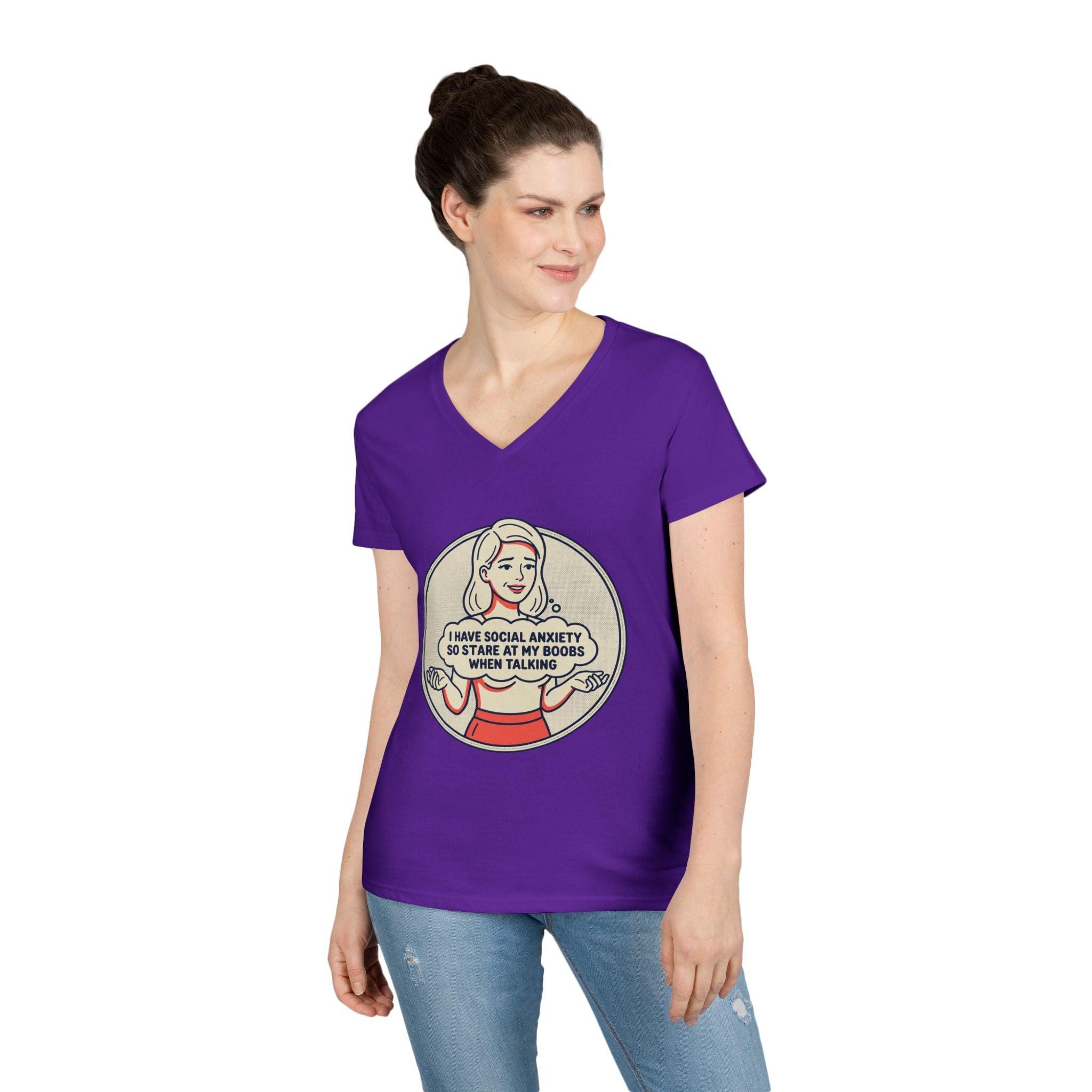 Ladies' V-Neck T-Shirt — Retro Graphic “I Have Social Anxiety So I Stare at My Shoes When Talking”